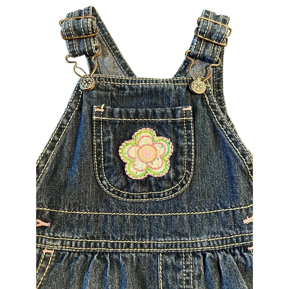 Vintage Oshkosh B'gosh Baby Girls Flower Overall Shortall 0-6 mo Ruffle Hem